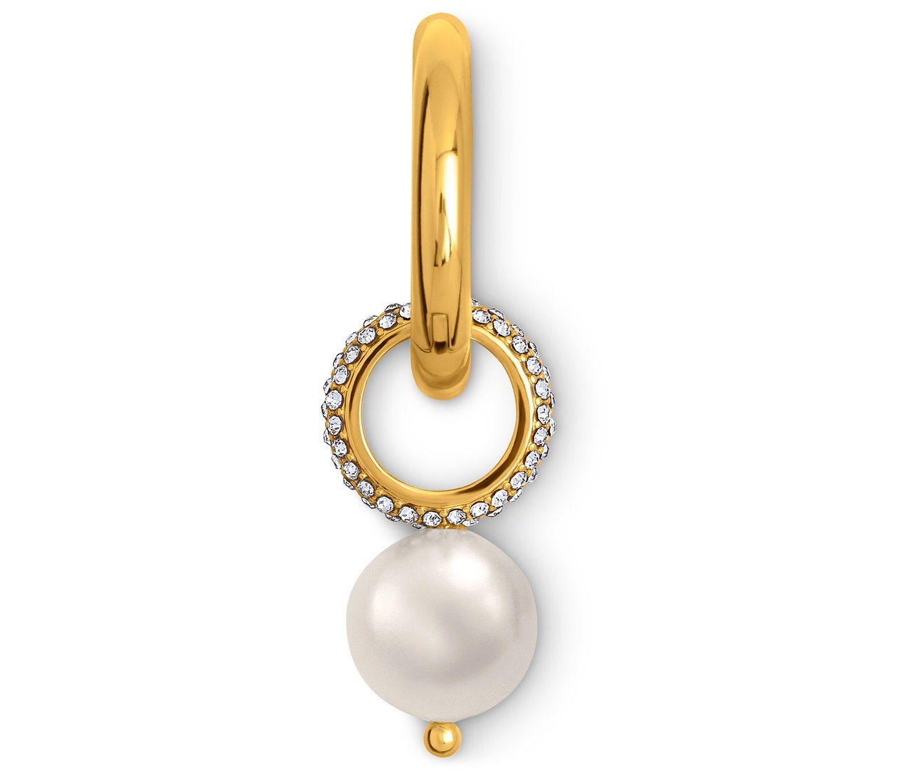 İnci ve yapay elmas detaylı altın rengi küpe detayı.
