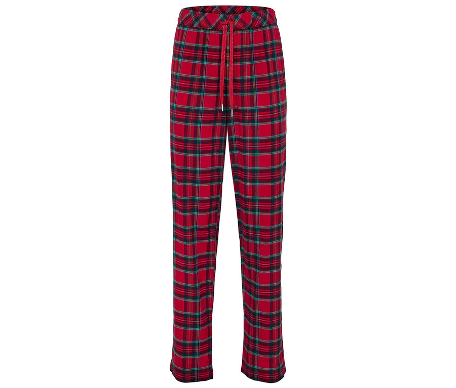 Kırmızı ipli, kırmızı ekoseli pantolon.