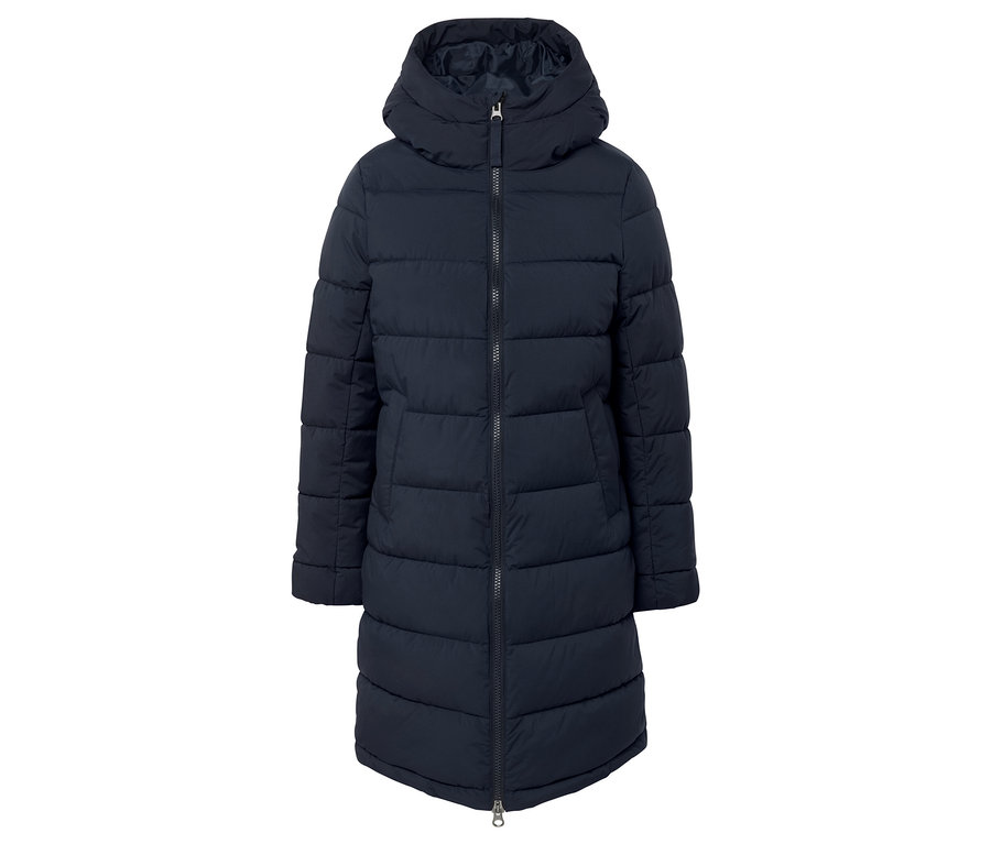 Lacivert, kapüşonlu ve fermuarlı uzun şişme mont.