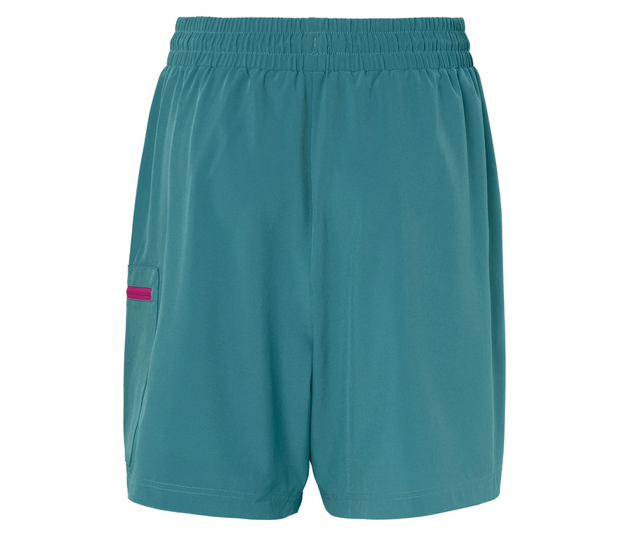 Elastik belli ve pembe fermuarlı cepli teal şort.