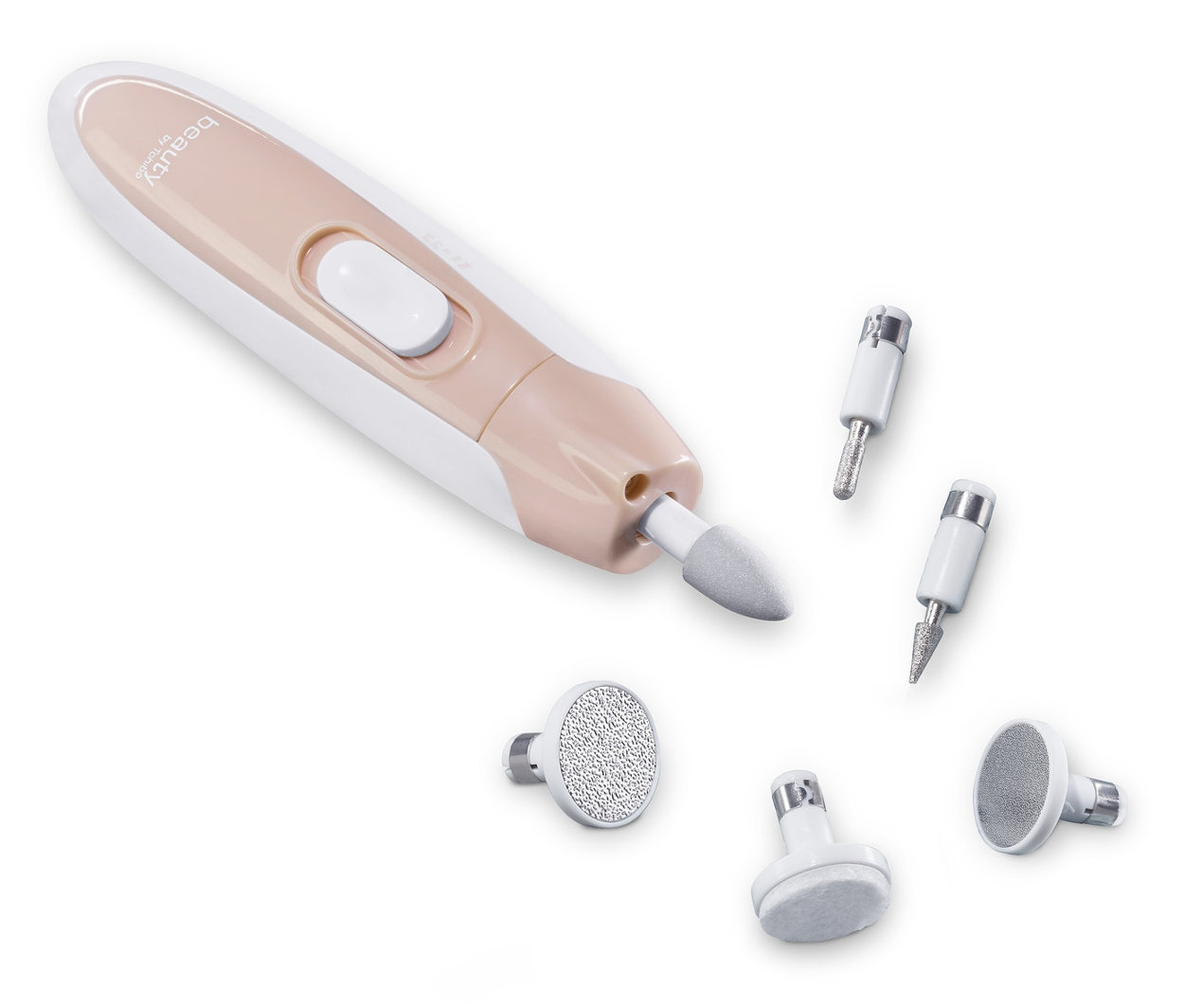 Aparat başlıklarıyla birlikte manikür ve pedikür aletinin yakın çekimi.