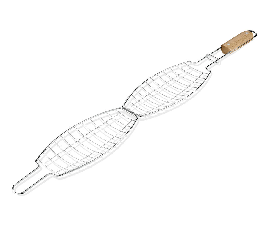 Beyaz bir arka planda BBQ Balık Izgara Teli ve Izgara Teli.