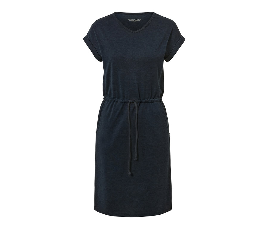 Kısa kollu, belinde büzgü detayı bulunan lacivert outdoor elbise.
