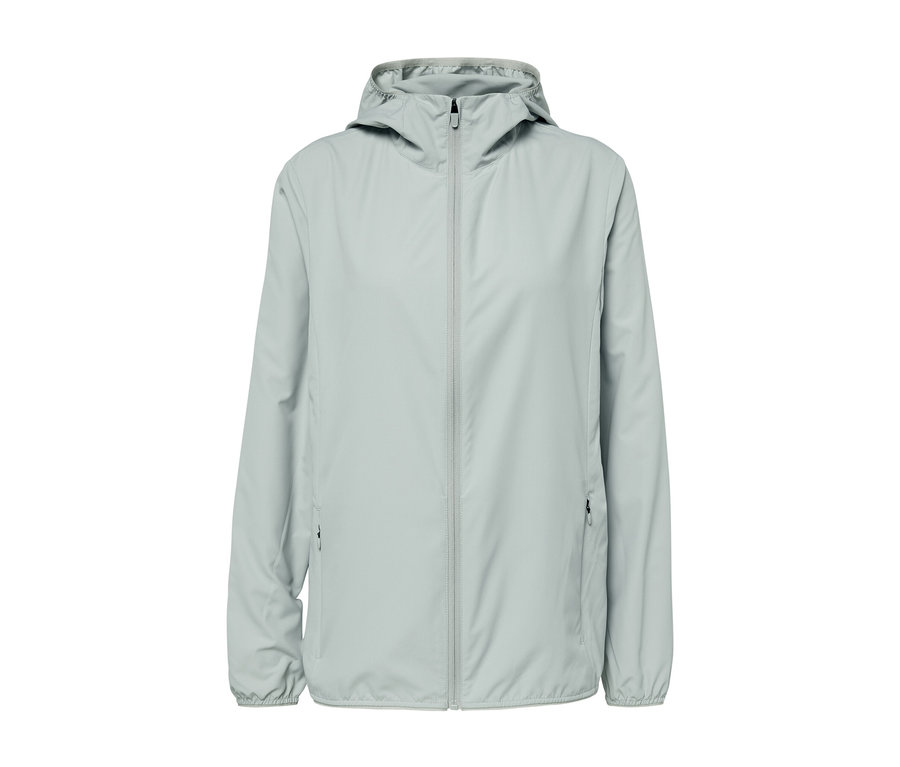 Ortasında fermuar bulunan gri, katlanabilir fonksiyonel mont.