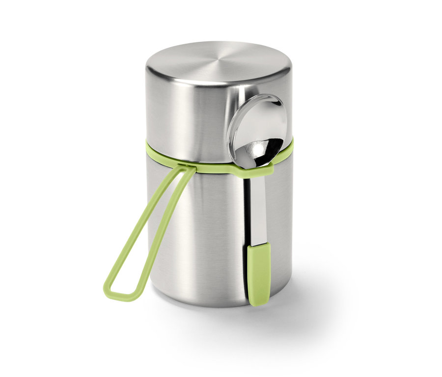 Yeşil saplı ve kaşıklı gümüş renkli Taşınabilir Termos Kap.