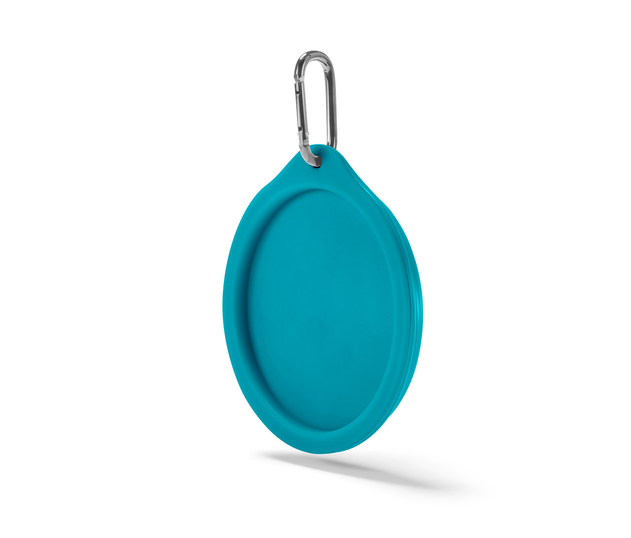 Karabinalı mavi katlanabilir mama kabı.