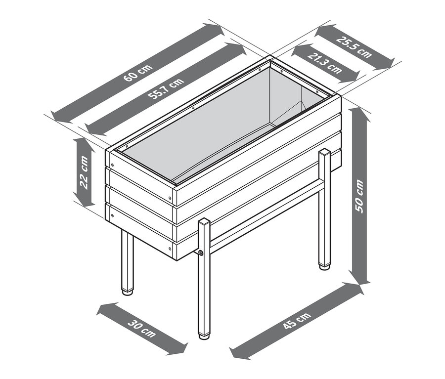 Ölçüleri ile birlikte Elin Kutu Saksı çizimi