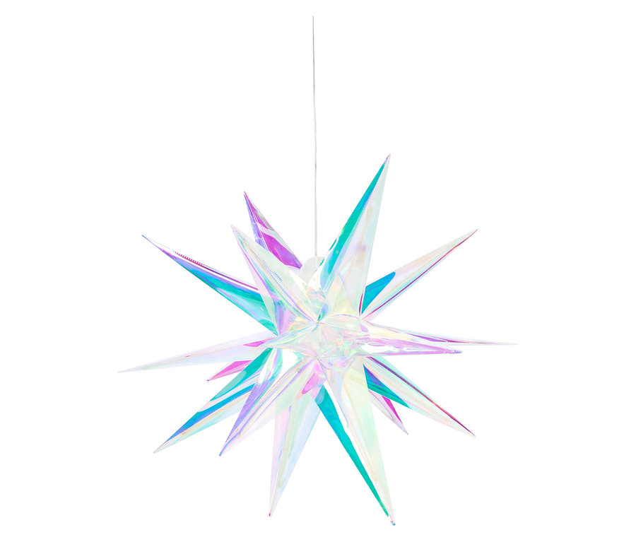 Mor, mavi ve yeşil uçlu asılı holografik yıldız.