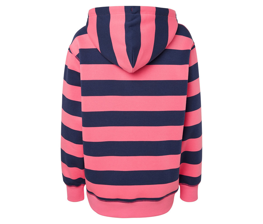 Pembe ve lacivert çizgili kapüşonlu bir sweatshirt'ün arka görünümü.