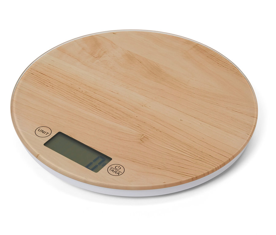 Bambu yüzeyli ve beyaz kenarlı yuvarlak mutfak terazisi.