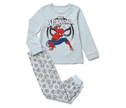 Örümcek Adam uzun kollu üst ve Örümcek Adam maskeli pantolonlu açık renkli pijama.