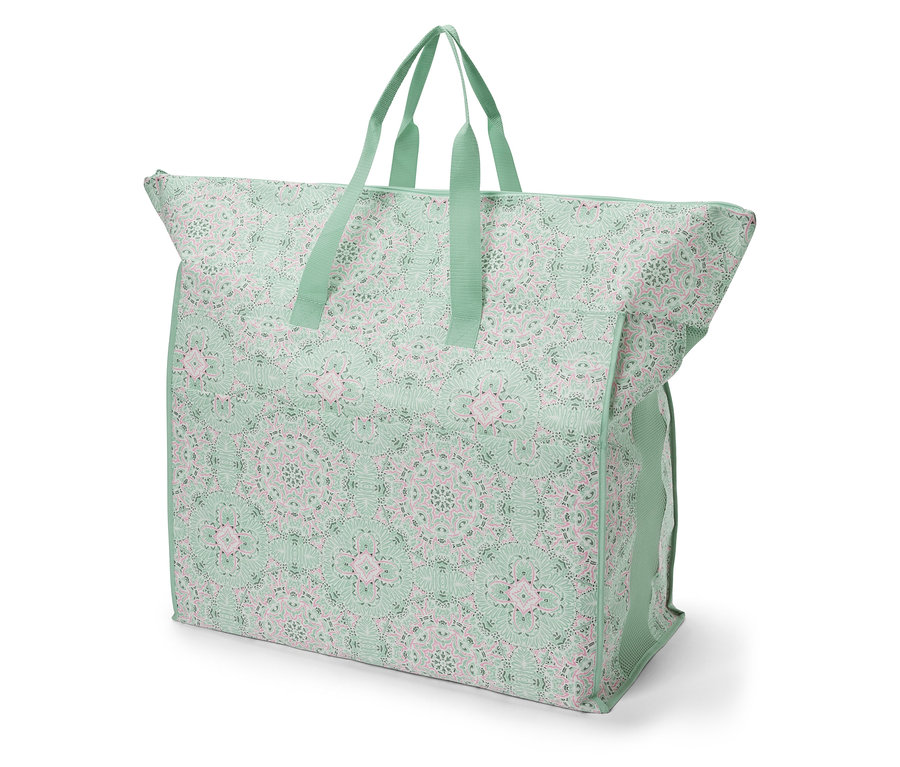 Yeşil ve pembe renklerde mandala desenli jumbo yatak saklama çantası.
