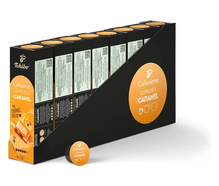 Siyah beyaz ambalajında 80 kapsüllük bir paket Cafissimo Espresso Caramel.