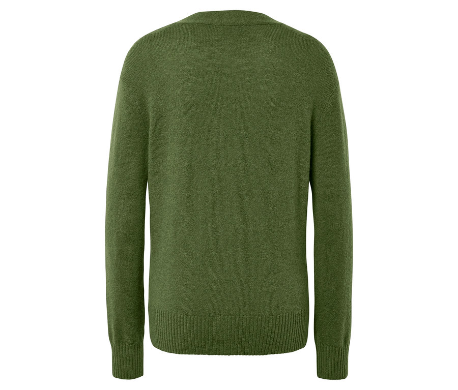 Zeytin yeşili, uzun kollu bir kazağın arka görünümü.