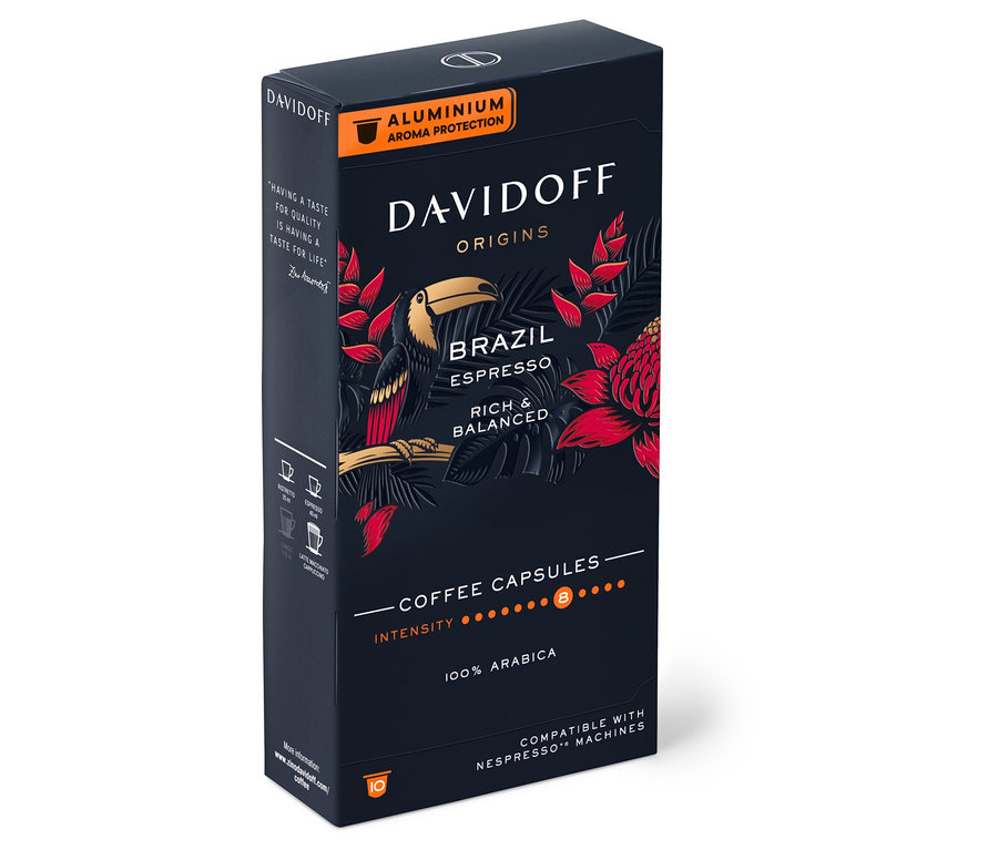 Bir kutu DAVIDOFF CAFÉ ORIGINS Brazil - üzerinde bir tukan resmi olan 10 kapsül