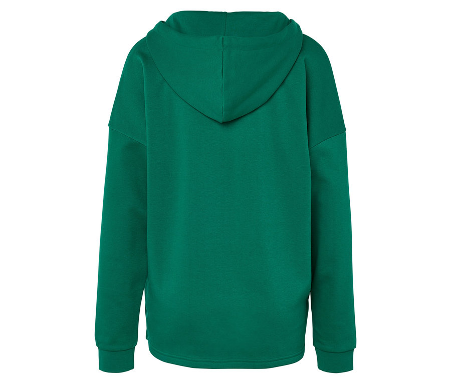 Yeşil kapüşonlu bir sweatshirt'ün arka görünümü.