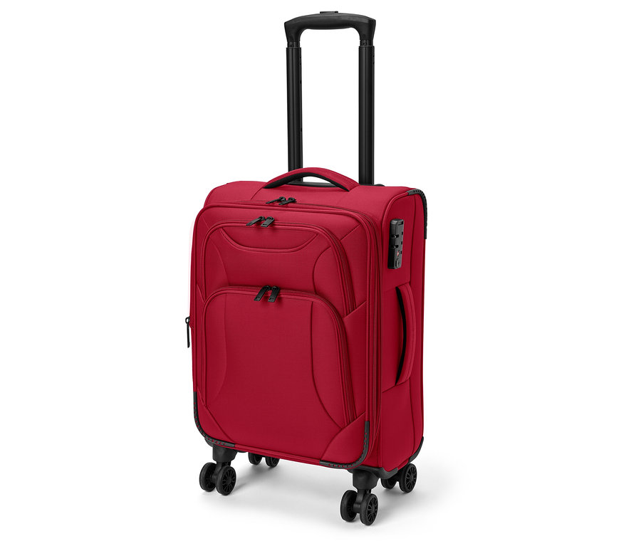 Uzatılmış siyah saplı, ön cepli ve tekerlekli küçük kırmızı tekstil valiz.