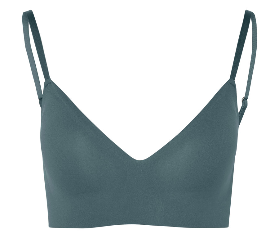 Spagetti askılı, turkuaz bir sütyenin yakın çekimi.