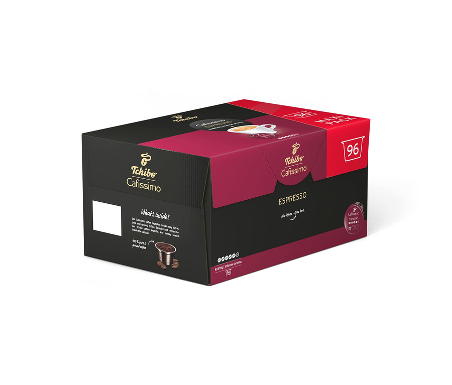 Siyah ve bordo renkli Espresso Intense Aroma 96 Kapsül paketi, üzerinde güç göstergesi ve kahve fincanı var.