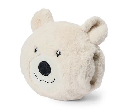 Krem rengi, tüylü, işlemeli yüzü ve kulakları olan, eller için açıklığı bulunan bir kutup ayısı peluş yastık.