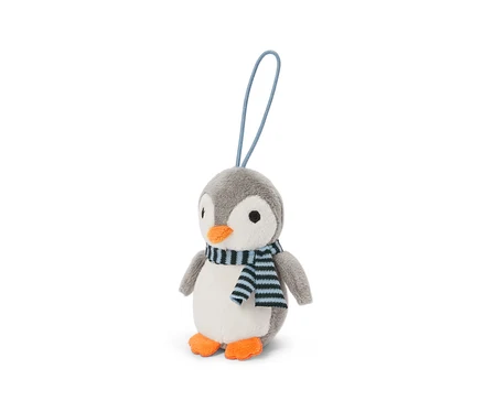 Gri ve beyaz renkli, turuncu gagalı ve ayaklı, siyah-açık mavi çizgili atkı takan peluş penguen. Başında açık mavi bir ilmek bulunuyor.