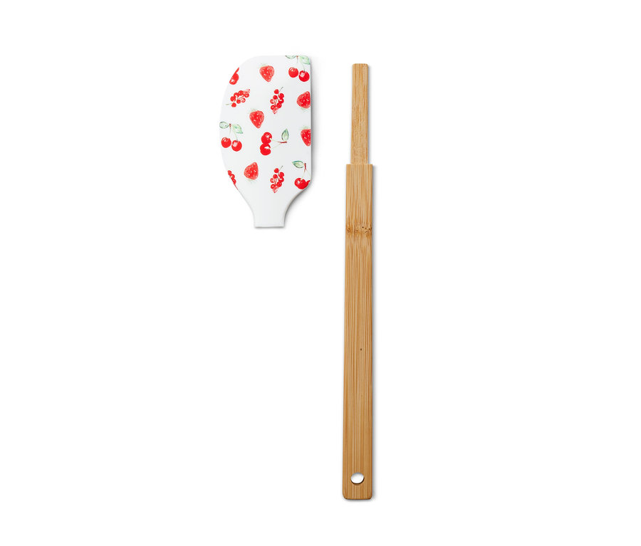 Meyve desenli ve ahşap saplı hamur spatulası.