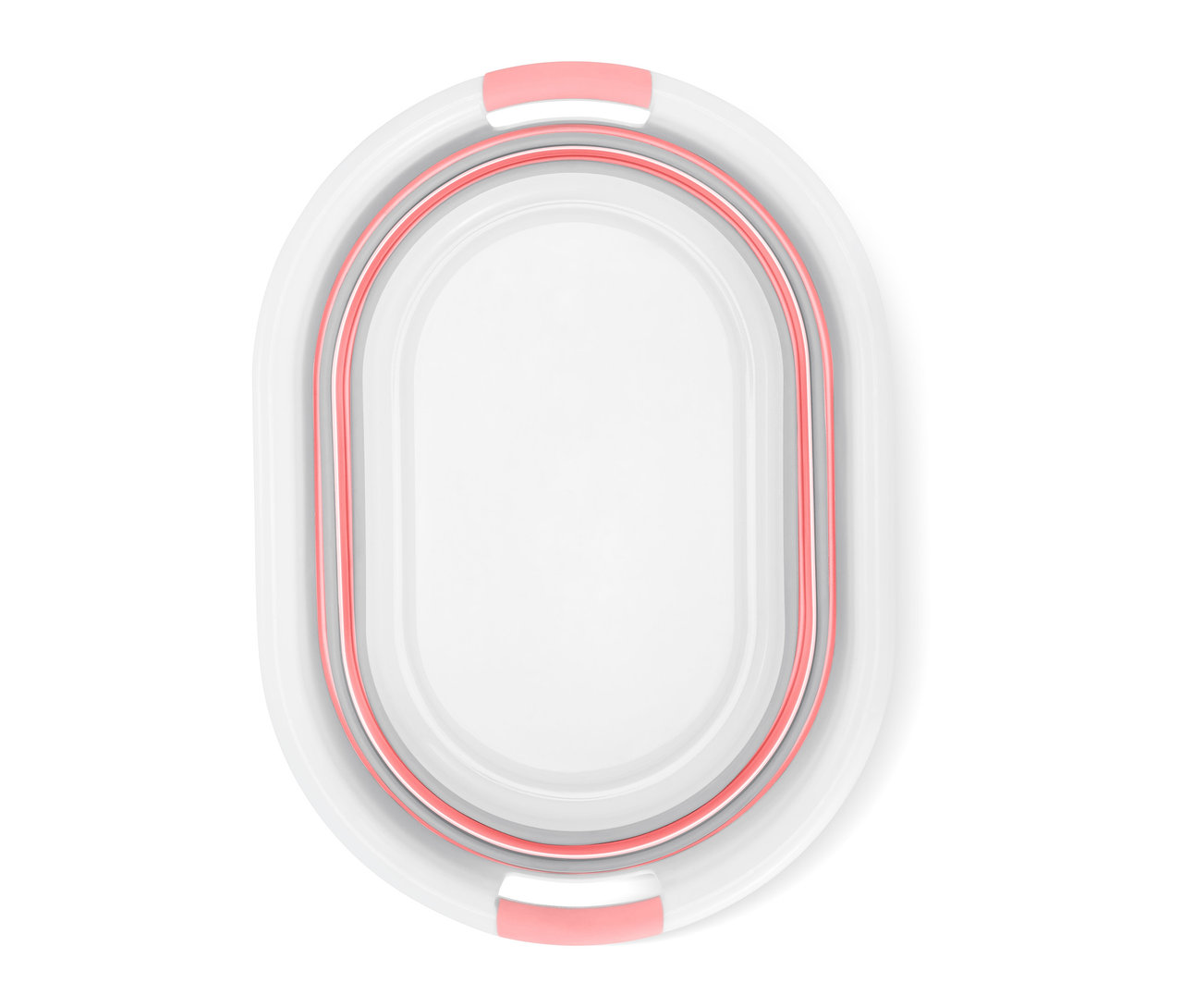 Katlanmış beyaz bir çamaşır sepetinin yukarıdan görünümü. Pembe detaylı katlanabilen çamaşır sepeti.
