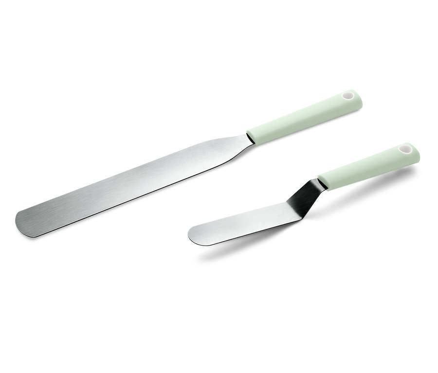 Beyaz bir arka planda, açık yeşil saplı iki adet Pasta Servis Seti.