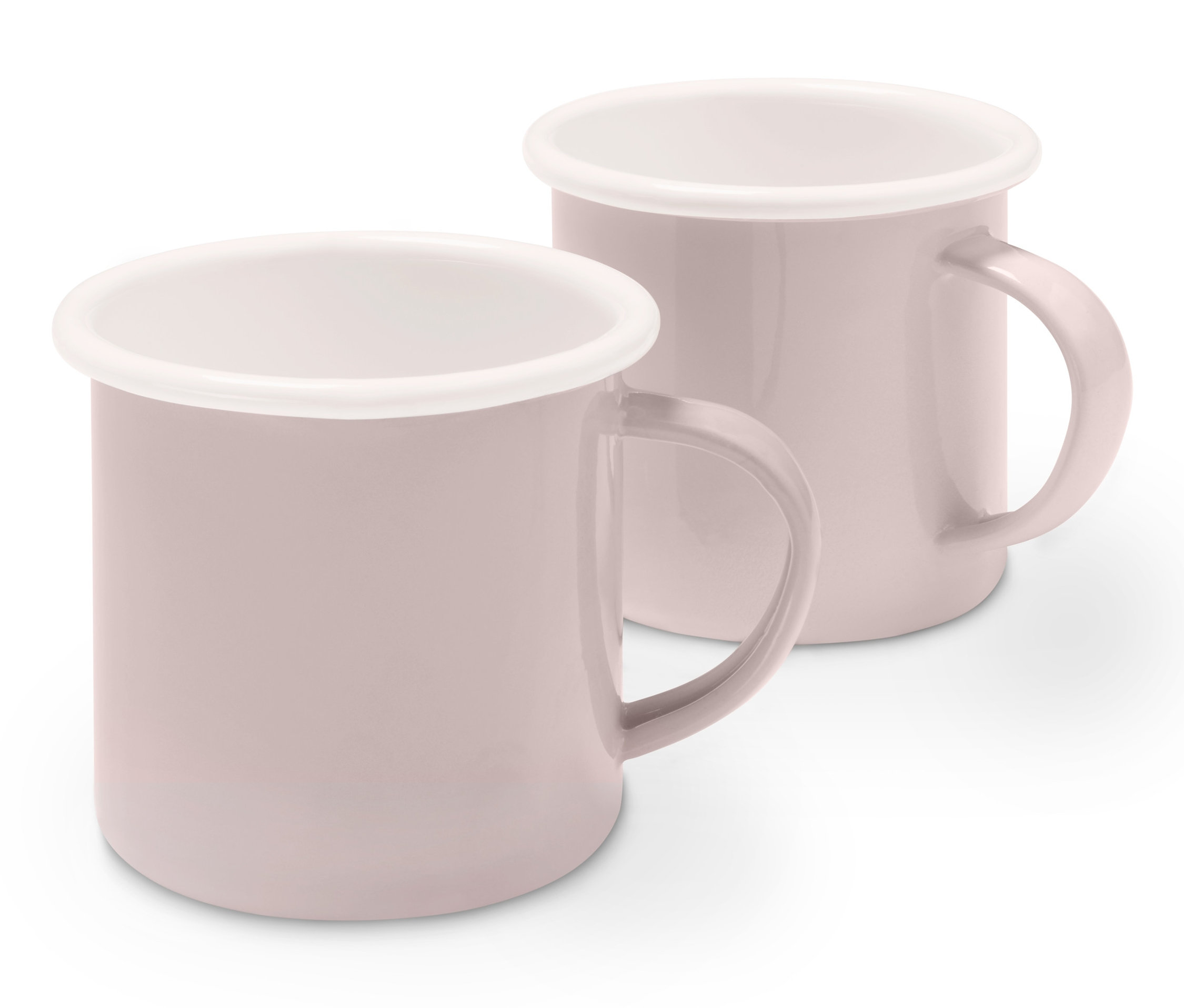 İki adet pembe emaye kupa.