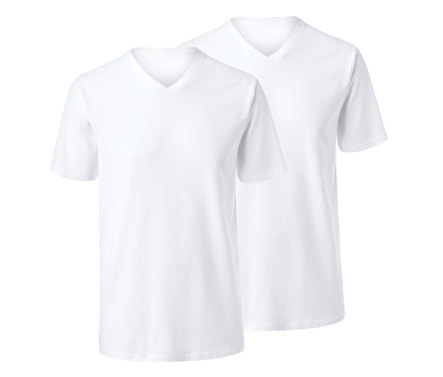 İki adet beyaz V yaka tişört.