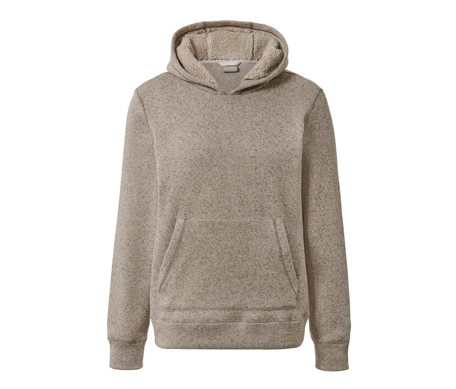 Kapüşonlu ve kanguru cepli bej örgü polar sweatshirt.