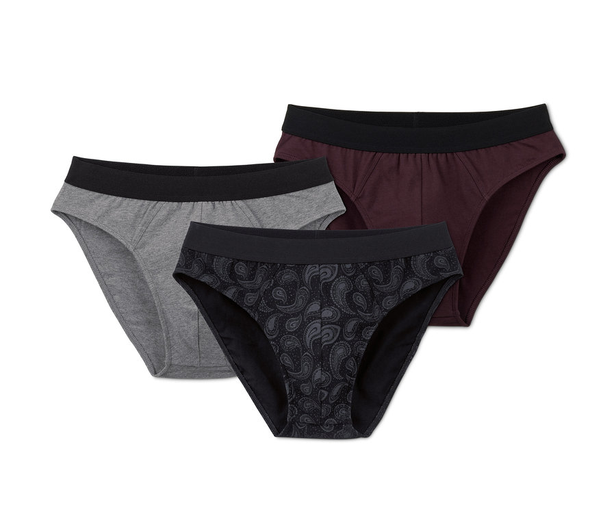 Üçlü slip: gri, bordo ve siyah, paisley desenli.