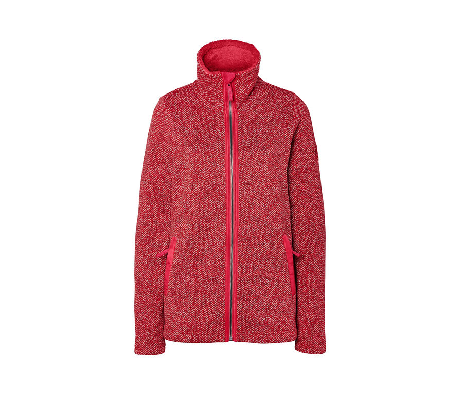 Ortasında fermuarı olan kırmızı örgü polar mont.