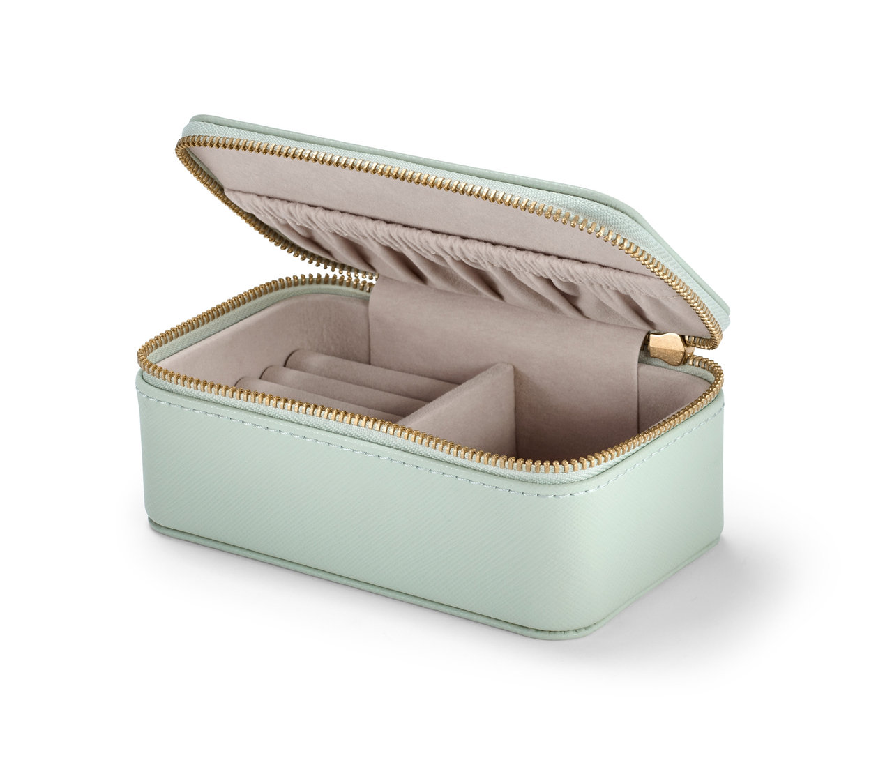 Açık, altın fermuarlı, açık yeşil küçük bir mücevher kutusu.