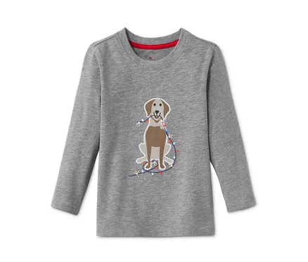 Ağzında ışıklar tutan köpek desenli, gri, uzun kollu tişört.