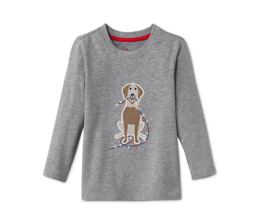 Ağzında ışıklar tutan köpek desenli, gri, uzun kollu tişört.