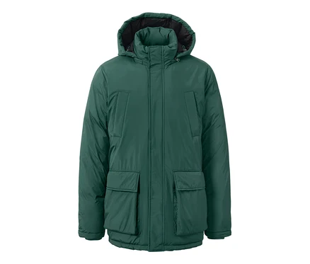 Kapüşonlu yeşil kapitone parka.
