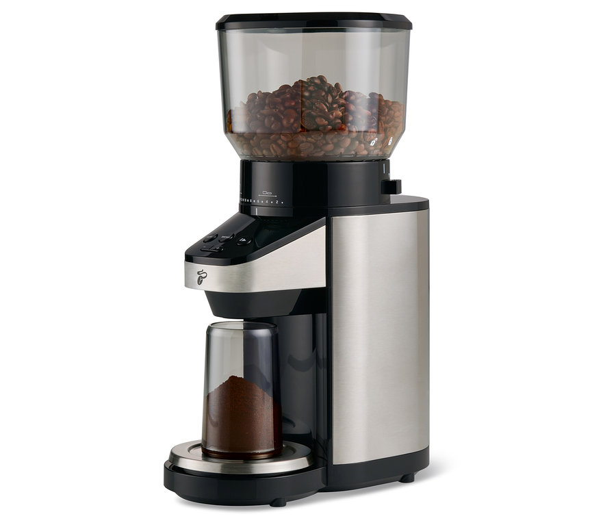 Tartılı, elektrikli kahve değirmeni. Üstte kahve çekirdekleri olan bir hazne, altta çekilmiş kahve olan bir hazne bulunur.