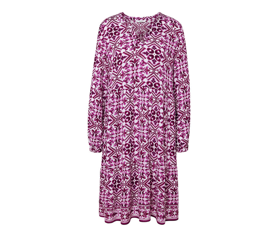 Uzun kollu ve V yakalı baskılı dokuma elbise.