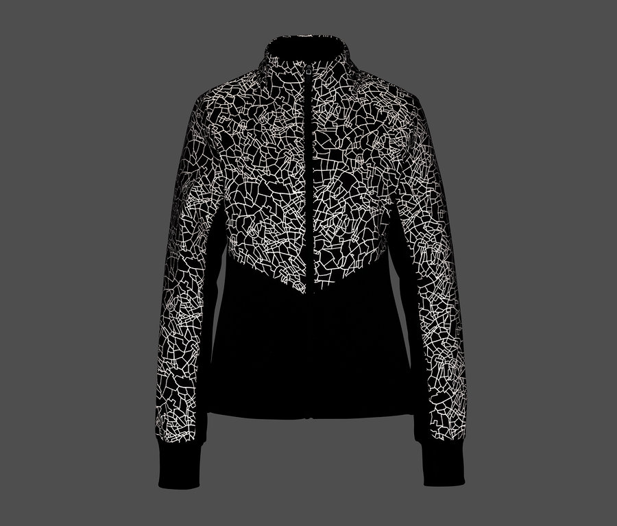 Reflektif beyaz geometrik desenli siyah termal ceket