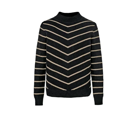Siyah, dik yakalı çizgili örgü kazak.