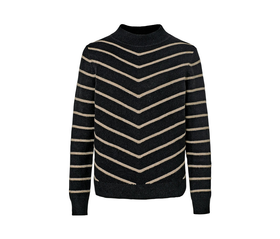Siyah, dik yakalı çizgili örgü kazak.