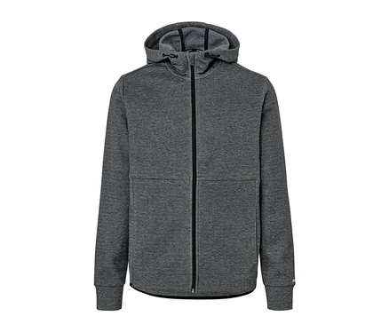 Gri, fermuarlı, kapüşonlu fonksiyonel sweatshirt ceket.