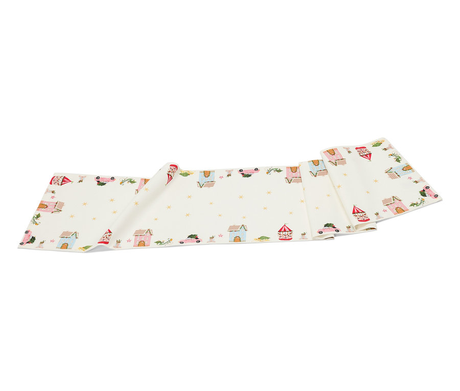 Çizgi film evler, arabalar ve yıldızlarla dolu beyaz kumaş şerit.