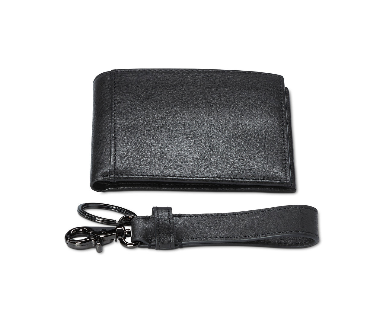 Hediye setinden siyah deri cüzdan ve anahtarlık.