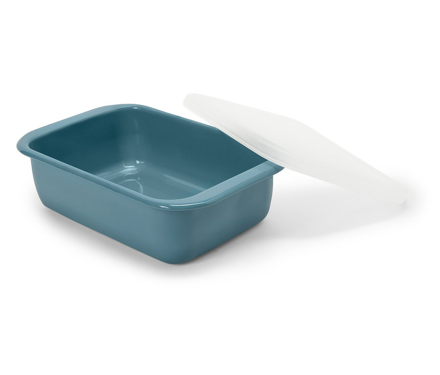 Beyaz kapaklı mavi dikdörtgen kap.