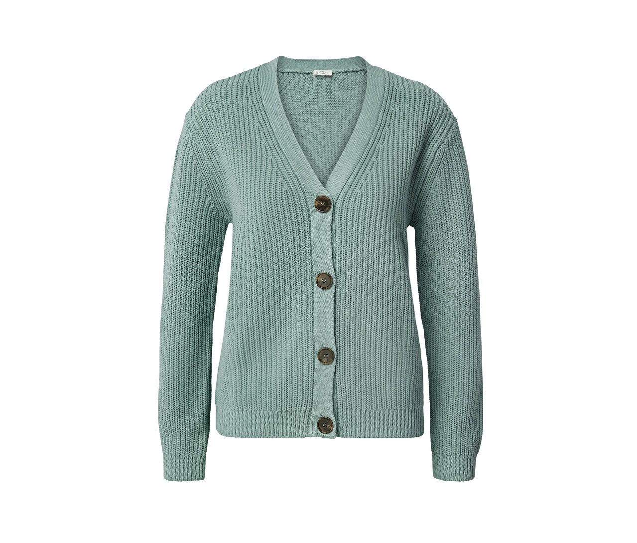 Düğmeli, adaçayı renginde, kalın örgü hırka.