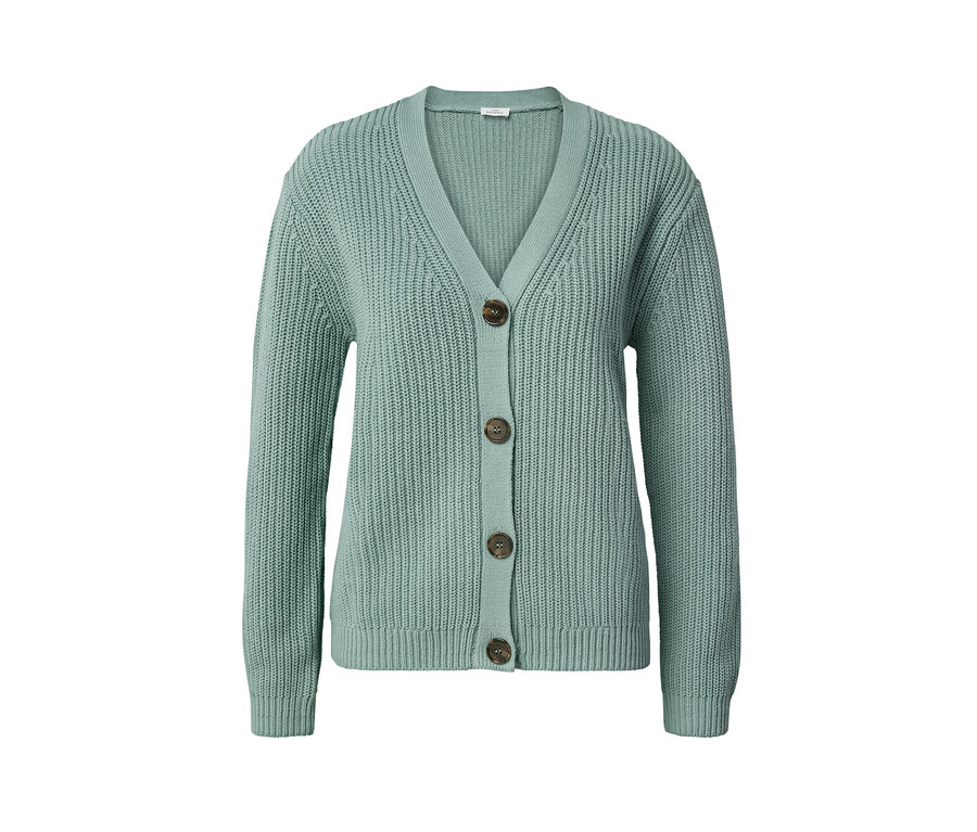 Düğmeli, adaçayı renginde, kalın örgü hırka.