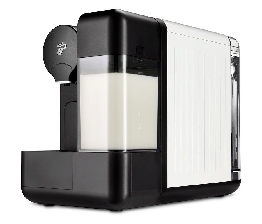 Beyaz Cafissimo sütlü kahve makinesi.