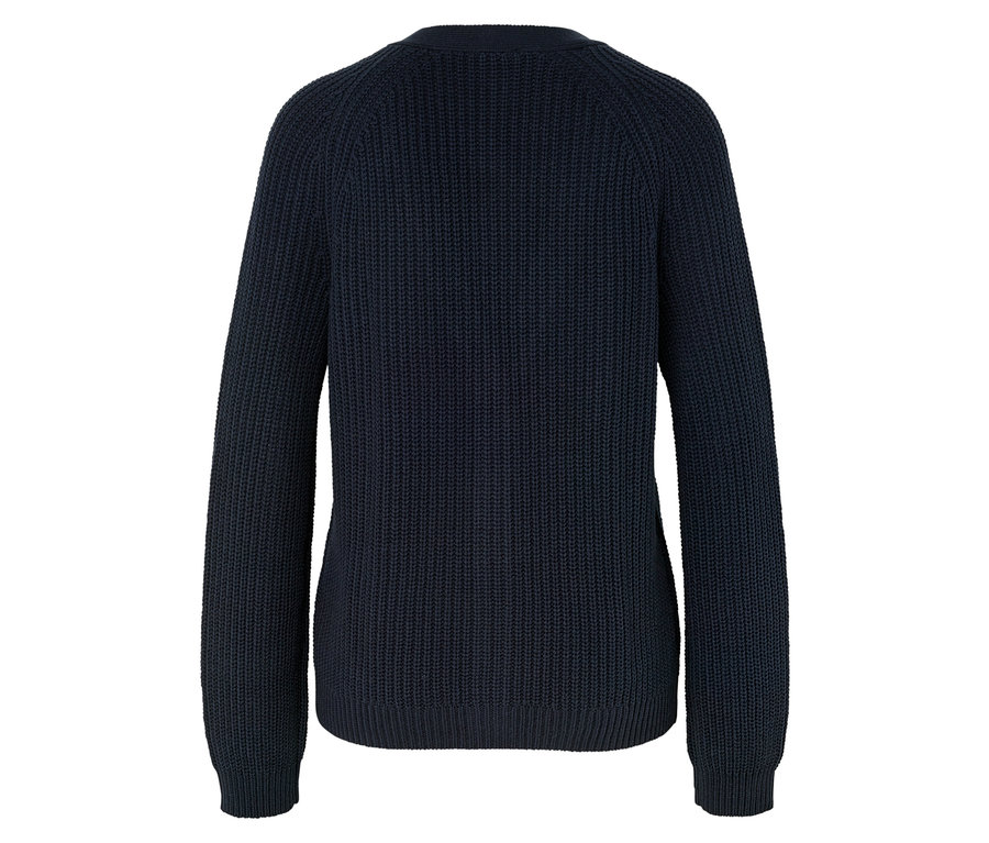 Uzun kollu, lacivert örgü kazak, arka görünümü.